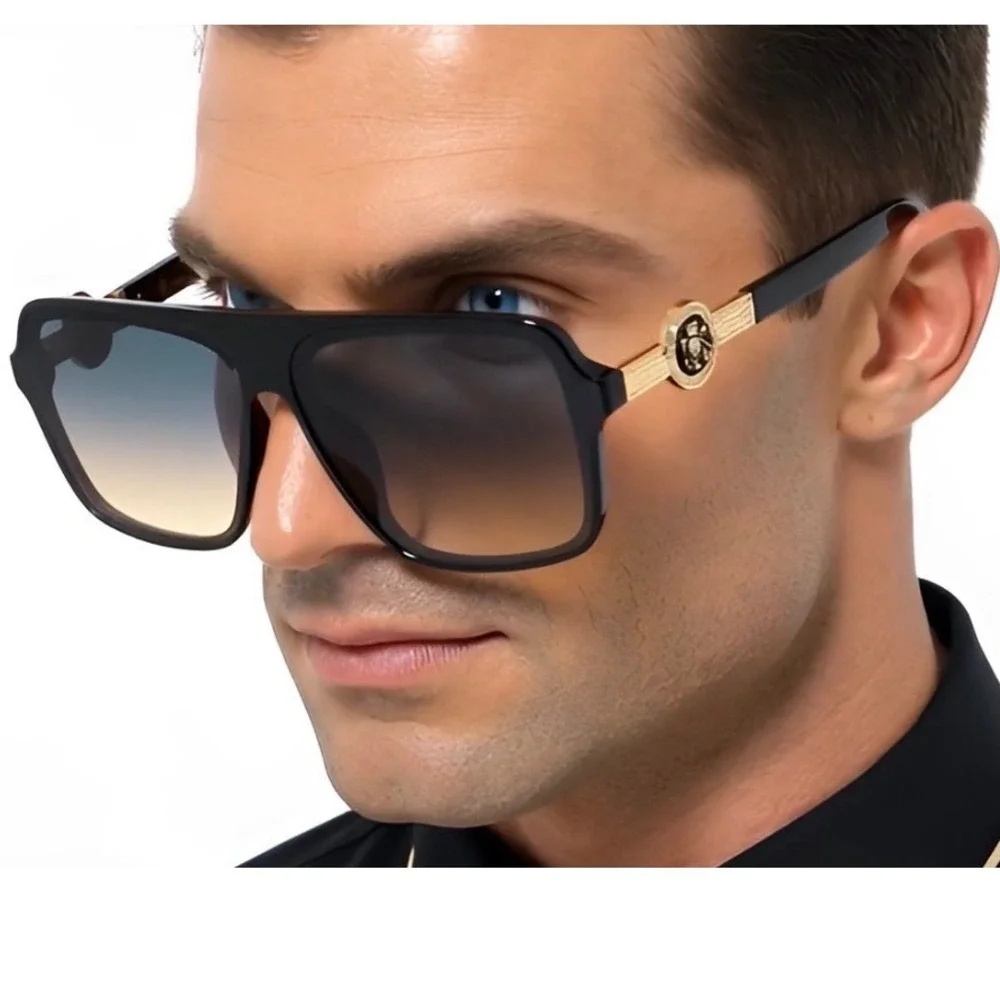 Mens Oversized Square Flat Top Sunglasses Black Gold Lion Head Gradient Green‎